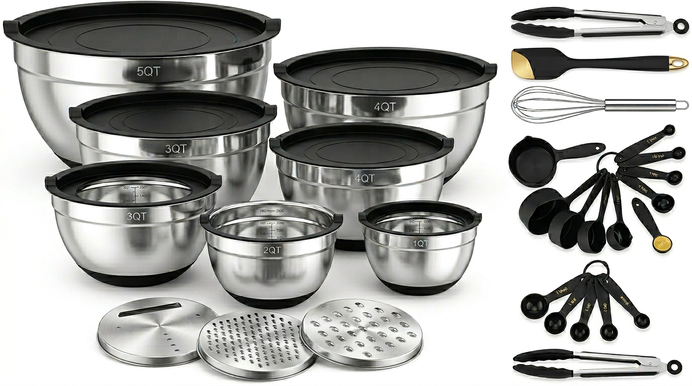 17-Piece Stainless Steel Mixing Bowl Set — bowls, lids, graters & kitchen utensils