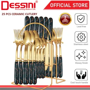 DESSINI ITALY 25 Pcs Stainless Steel Ceramic Cutlery Stand Coffee Tea Serving Table Spoon Fork Knife Tableware Flatware - Knapdirect