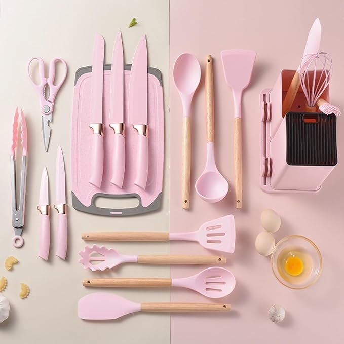 610os9N-pnL._AC_SX679_ 19 Piece Silicone Kitchenware Utensil Set Silicone Kitchen Utensils Set Heat Resistant Non-stick Cooking Tool with Wooden Handles Silicone Cookware Set BPA Free - Image 9