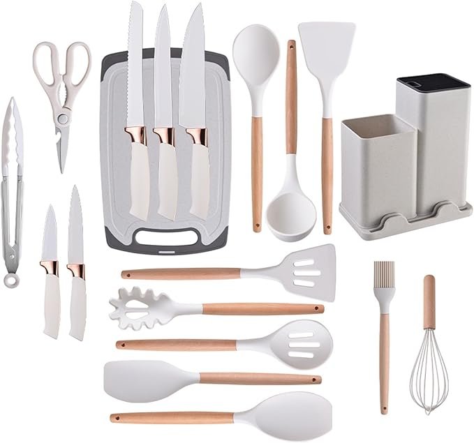 61BsJMxVNBL._AC_SX679_ 19 Piece Silicone Kitchenware Utensil Set Silicone Kitchen Utensils Set Heat Resistant Non-stick Cooking Tool with Wooden Handles Silicone Cookware Set BPA Free - Image 2