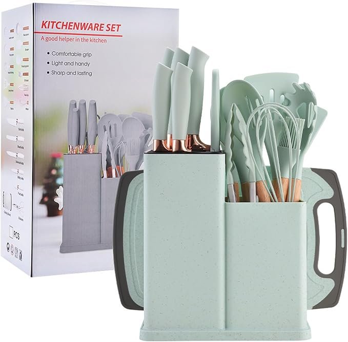 61LVMV7HDXL._AC_SX679_ 19 Piece Silicone Kitchenware Utensil Set Silicone Kitchen Utensils Set Heat Resistant Non-stick Cooking Tool with Wooden Handles Silicone Cookware Set BPA Free - Knapdirect