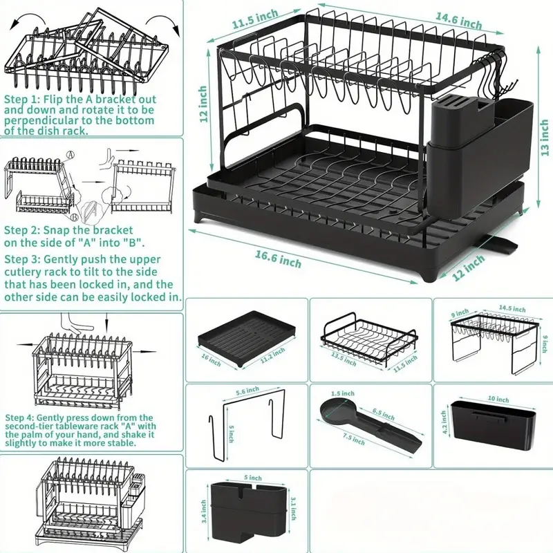2 Tier Stainless Steel Dish Drying Rack with Drainboard, Adjustable Dish Drainer for Kitchen Counter with Utensil Holder and Cup Rack – Rotatable Drainage System - Image 3