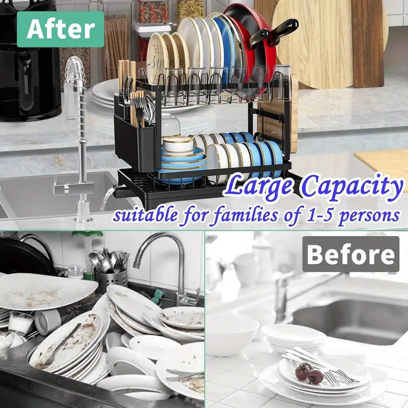 2 Tier Stainless Steel Dish Drying Rack with Drainboard, Adjustable Dish Drainer for Kitchen Counter with Utensil Holder and Cup Rack – Rotatable Drainage System - Image 7