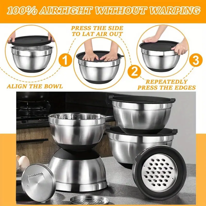 2 17pcs Stainless Steel Mixing Bowl Set with Sealing Lids & Grater - Non-Slip, Rust-Resistant Kitchen Gadgets for Salads & More - Includes 7QT to 1QT Sizes - Image 3