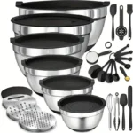 17pcs Stainless Steel Mixing Bowl Set with Sealing Lids & Grater - Non-Slip, Rust-Resistant Kitchen Gadgets for Salads & More - Includes 7QT to 1QT Sizes