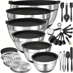 17pcs Stainless Steel Mixing Bowl Set with Sealing Lids & Grater - Non-Slip, Rust-Resistant Kitchen Gadgets for Salads & More - Includes 7QT to 1QT Sizes - Knapdirect